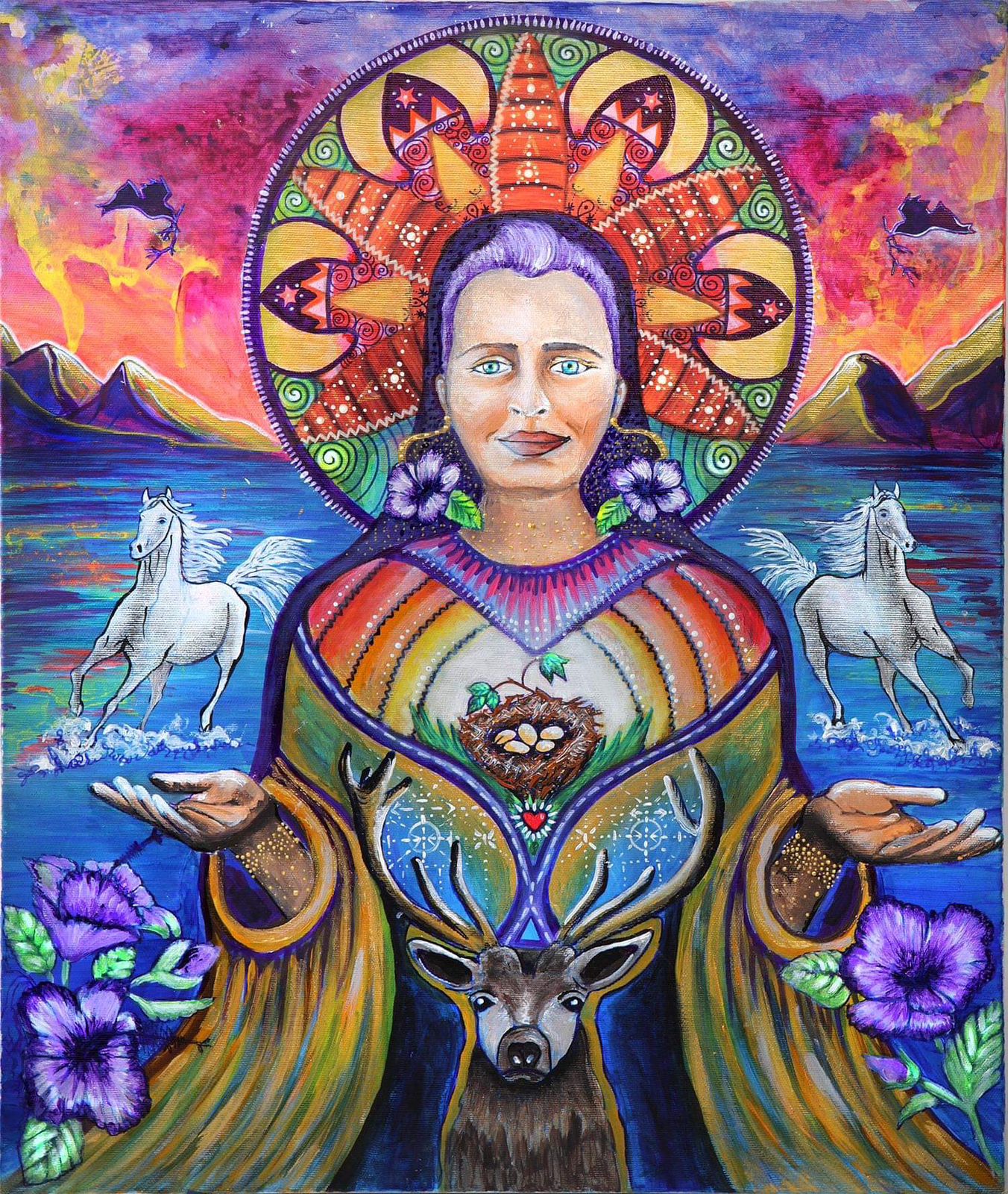 Woman with mandala crown, deer, and white horses