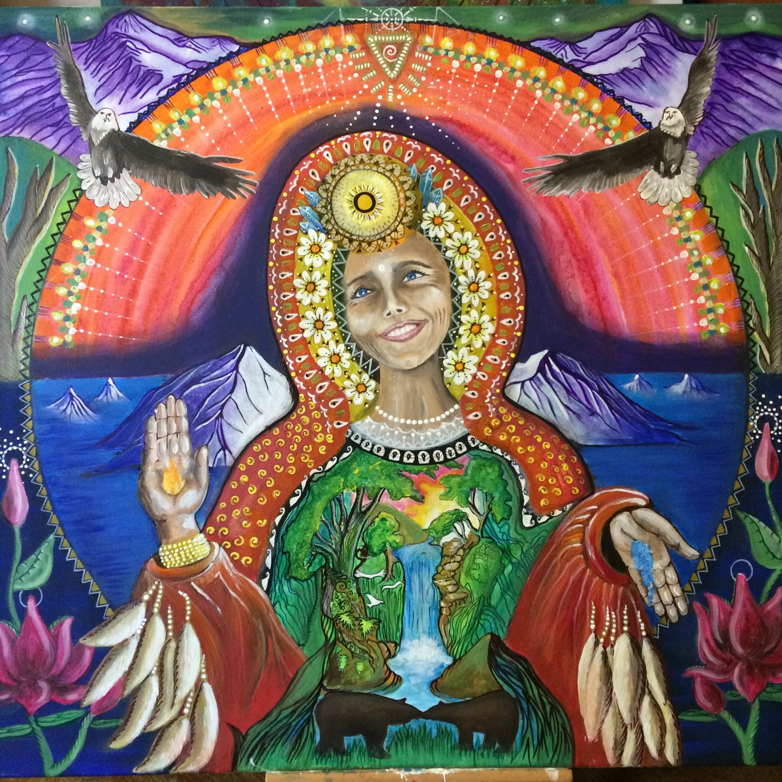 Earth goddess visionary portrait -- eagles, nature, sun mandala