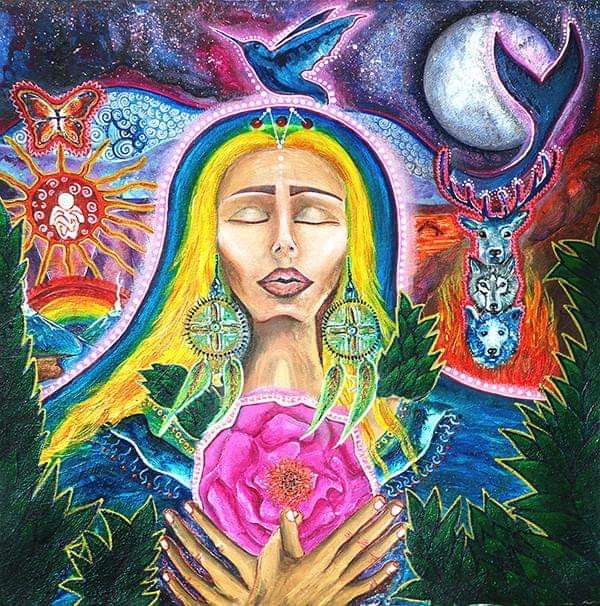 Visionary portrait with spirit animals and rose