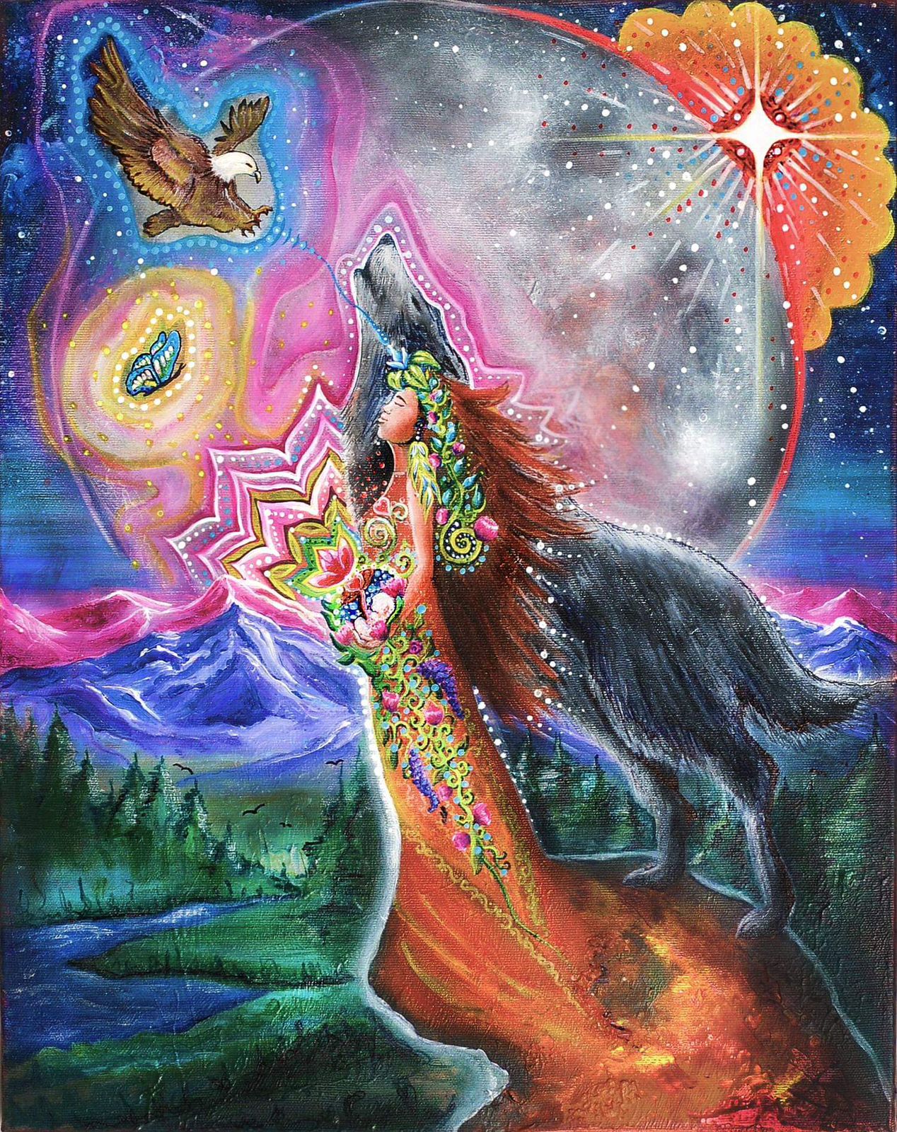 Woman and wolf howling at moon -- visionary portrait detail