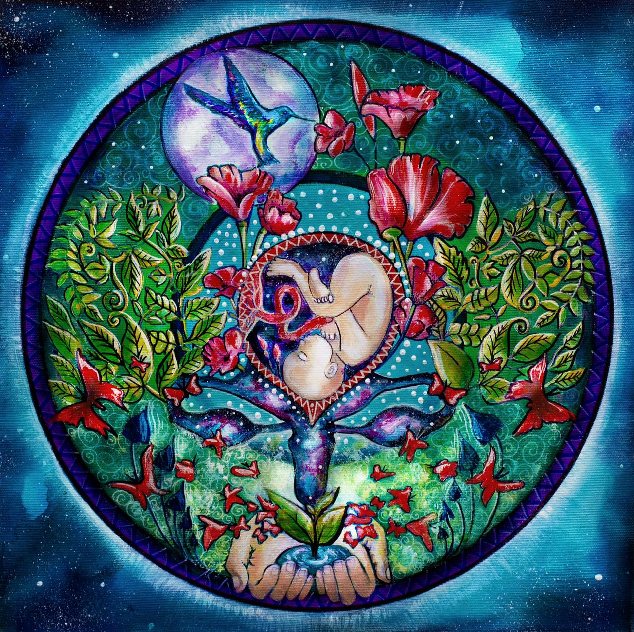 Womb mandala with hummingbird, flowers, and cosmic blue